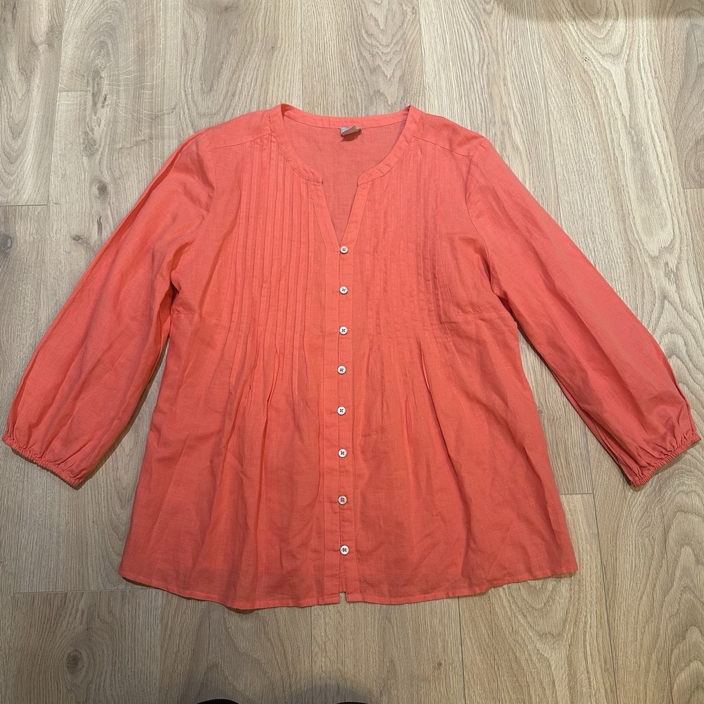 Chico’s Blouse Sz 3 US XL 100% Linen Pintuck Popover Coral Blouse Top. Coastal